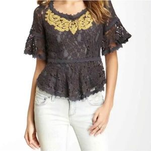 Free People Charcoal Gray Lace Peplum Short Sleeve Top
